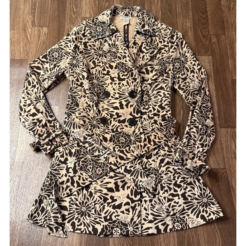 Vertigo Paris Womens XL Black Tan Floral Graphic Trench Coat Belted Mid Length
